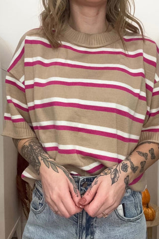 Harriet Beige Striped Short Sleeve Pullover - Just Dani Boutique + Color Studio