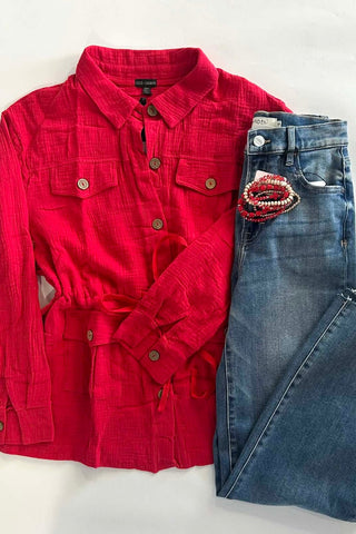 Hazel Red Gauze Button Front Jacket Cardigan - The Funky Zebras Clear Lake