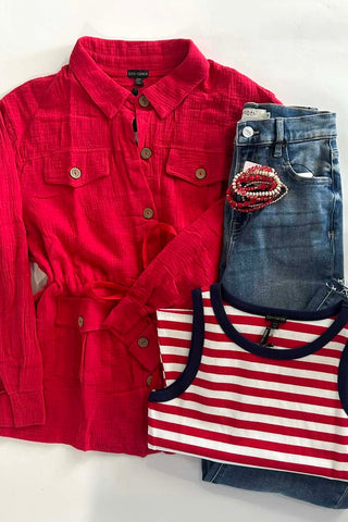 Hazel Red Gauze Button Front Jacket Cardigan - The Funky Zebras Clear Lake