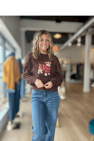 Holly Crew Neck Brown Pup Sweater - Just Dani Boutique + Color Studio