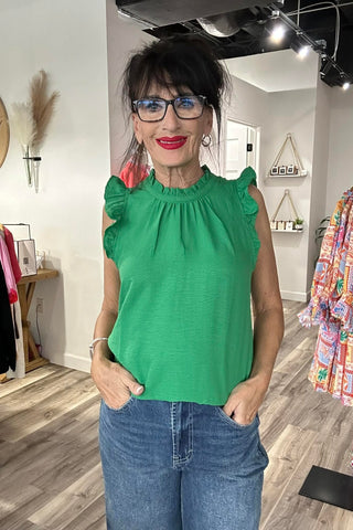 Ingrid Green Ruffle Neck Flutter Sleeve Top - The Funky Zebras Clear Lake