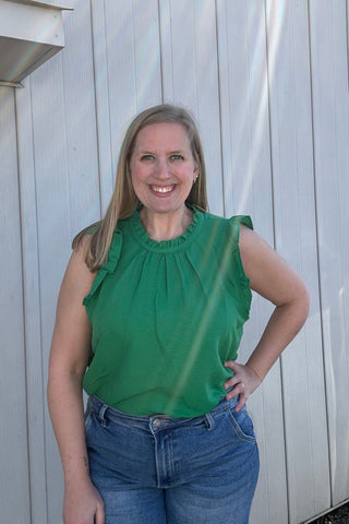 Ingrid Green Ruffle Neck Flutter Sleeve Top - The Funky Zebras Clear Lake