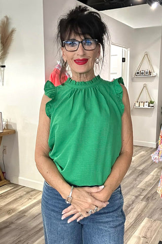Ingrid Green Ruffle Neck Flutter Sleeve Top - The Funky Zebras Clear Lake