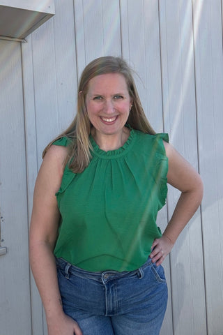 Ingrid Green Ruffle Neck Flutter Sleeve Top - The Funky Zebras Clear Lake