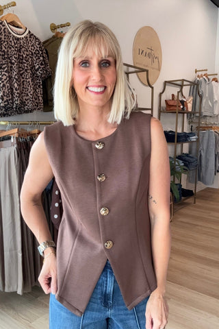 Iris Brown Sleeveless Button Down Knit Vest - Just Dani Boutique + Color Studio