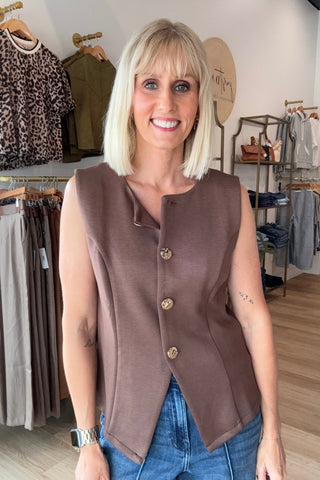 Iris Brown Sleeveless Button Down Knit Vest - Just Dani Boutique + Color Studio