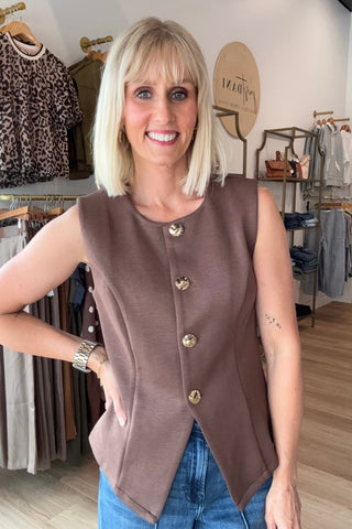 Iris Brown Sleeveless Button Down Knit Vest - Just Dani Boutique + Color Studio