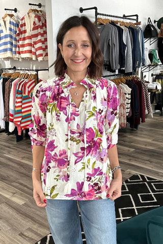 Iva Floral Printed Eylet Blouse - The Funky Zebras Clear Lake