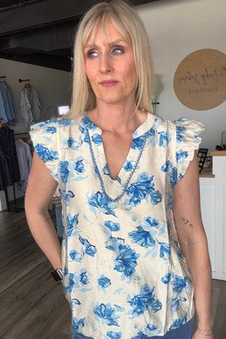 Jamie Blue Ruffle Cap Sleeve Floral Printed Top - The Funky Zebras Clear Lake