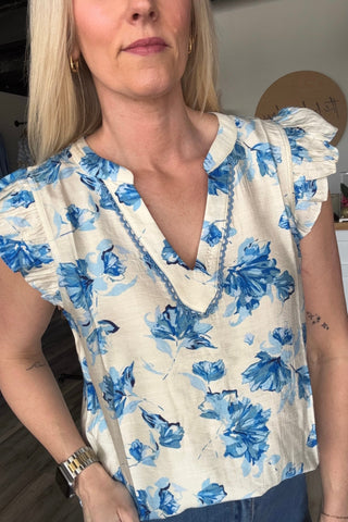 Jamie Blue Ruffle Cap Sleeve Floral Printed Top - The Funky Zebras Clear Lake