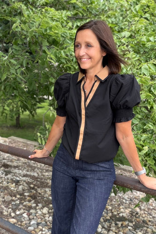 Jetta Black Puff Top with Camel Trim - Just Dani Boutique + Color Studio