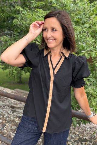 Jetta Black Puff Top with Camel Trim - Just Dani Boutique + Color Studio