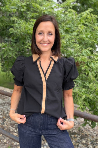 Jetta Black Puff Top with Camel Trim - Just Dani Boutique + Color Studio
