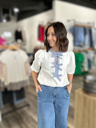 Kirsten Off White Three Quarter Sleeve Top with Bow Detail - The Funky Zebras Clear Lake