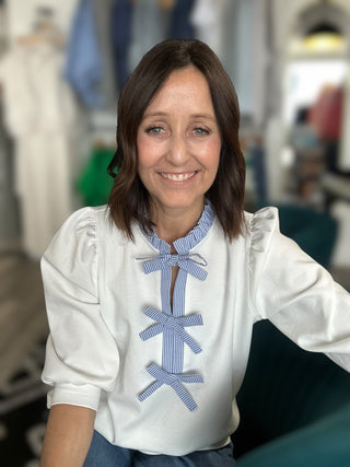 Kirsten Off White Three Quarter Sleeve Top with Bow Detail - The Funky Zebras Clear Lake