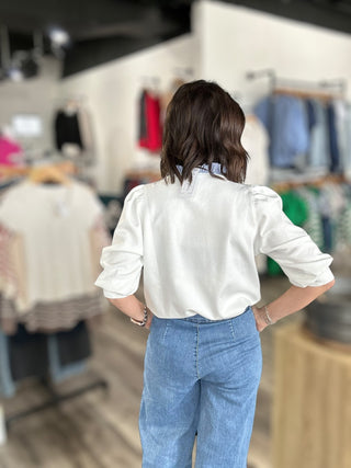 Kirsten Off White Three Quarter Sleeve Top with Bow Detail - The Funky Zebras Clear Lake