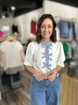 Kirsten Off White Three Quarter Sleeve Top with Bow Detail - The Funky Zebras Clear Lake