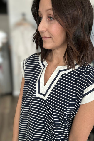 Kristen Navy Striped V Neck Dress - The Funky Zebras Clear Lake