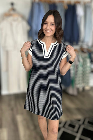 Kristen Navy Striped V Neck Dress - The Funky Zebras Clear Lake
