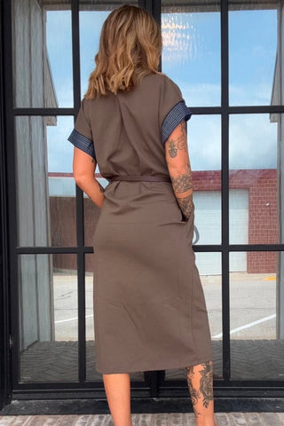 Livi Olive Drop Shoulder Contrast Collar Midi Dress - Just Dani Boutique + Color Studio