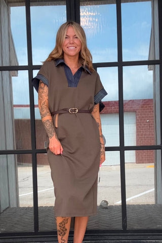 Livi Olive Drop Shoulder Contrast Collar Midi Dress - Just Dani Boutique + Color Studio