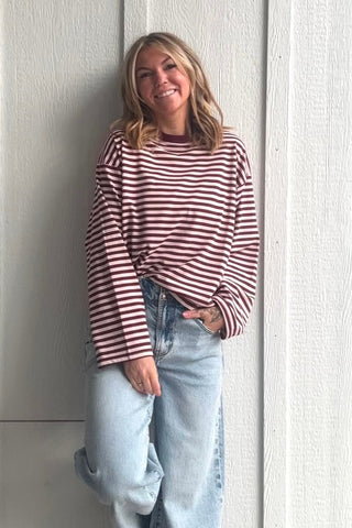 London Burgundy Striped Contrast Crew Knit Top - Just Dani Boutique + Color Studio