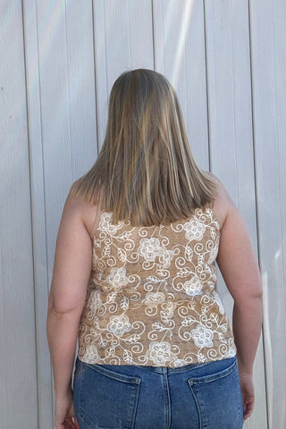 Lyric Camel Embroidered Sleeveless Blouse - The Funky Zebras Clear Lake