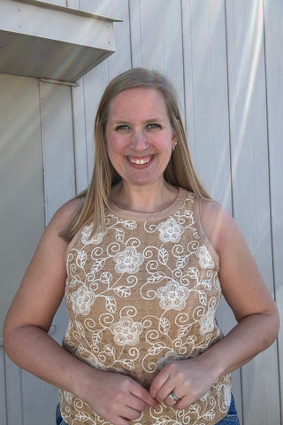 Lyric Camel Embroidered Sleeveless Blouse - The Funky Zebras Clear Lake