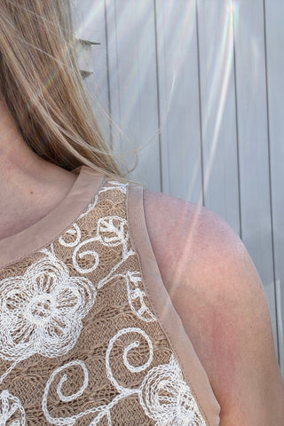 Lyric Camel Embroidered Sleeveless Blouse - The Funky Zebras Clear Lake