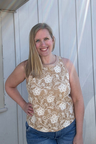 Lyric Camel Embroidered Sleeveless Blouse - The Funky Zebras Clear Lake