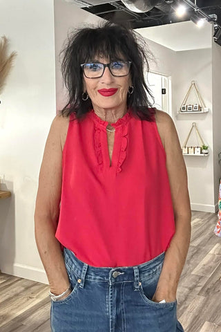 Maddie Red Ruffle Neck Sleeveless Top - The Funky Zebras Clear Lake