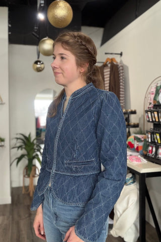 Marie ZIP - UP FRONT CLOSURE QUILTED DENIM JACKET - The Funky Zebras Clear Lake