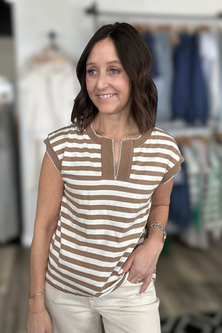 Melody Taupe Split Neck Picot Stitch Top - The Funky Zebras Clear Lake