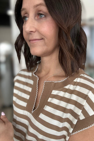 Melody Taupe Split Neck Picot Stitch Top - The Funky Zebras Clear Lake