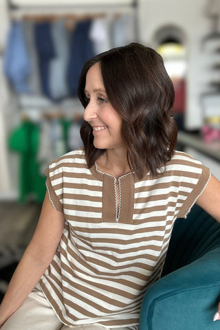 Melody Taupe Split Neck Picot Stitch Top - The Funky Zebras Clear Lake