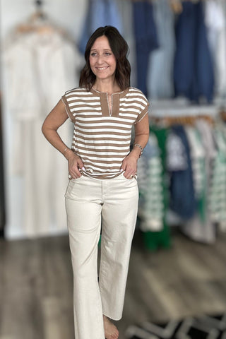 Melody Taupe Split Neck Picot Stitch Top - The Funky Zebras Clear Lake
