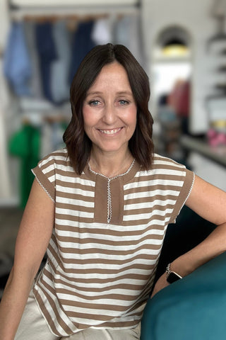 Melody Taupe Split Neck Picot Stitch Top - The Funky Zebras Clear Lake