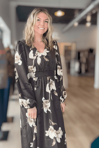 Merrie Black Drop Shoulder Printed Midi Dress - Just Dani Boutique + Color Studio