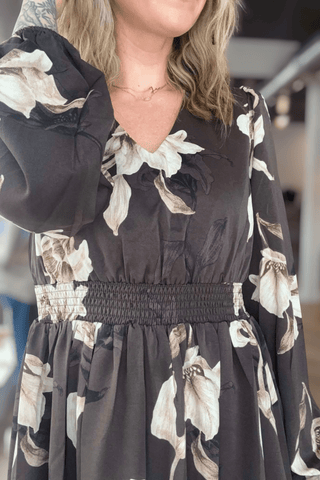 Merrie Black Drop Shoulder Printed Midi Dress - Just Dani Boutique + Color Studio