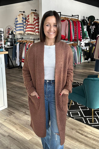 Mila Long Brown Knit Cardigan - The Funky Zebras Clear Lake