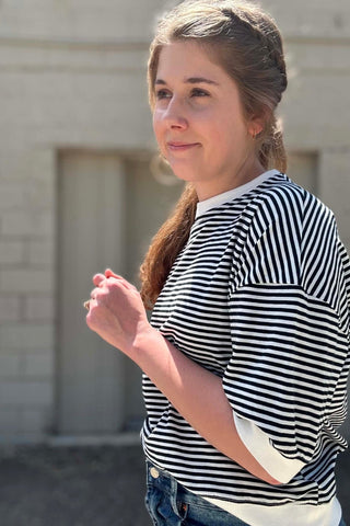 Mishel Striped Contrast Ribbed Elbow Sleeve Top - Just Dani Boutique + Color Studio