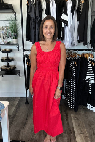 Natalie Red Poplin A-Line Midi Dresss - Just Dani Boutique + Color Studio