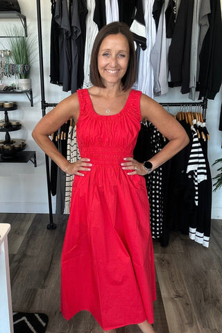 Natalie Red Poplin A-Line Midi Dresss - Just Dani Boutique + Color Studio