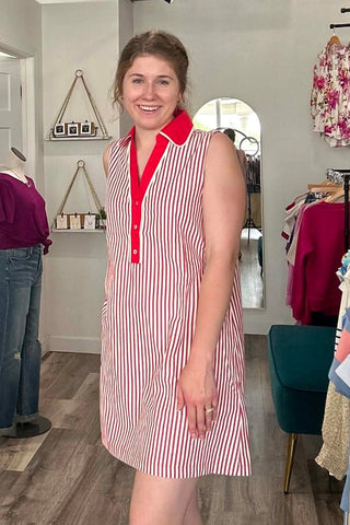 Regan Red & Off White Striped Collared Dress - Just Dani Boutique + Color Studio