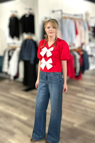 Riley Puff Sleeve Bow Sweater - The Funky Zebras Clear Lake