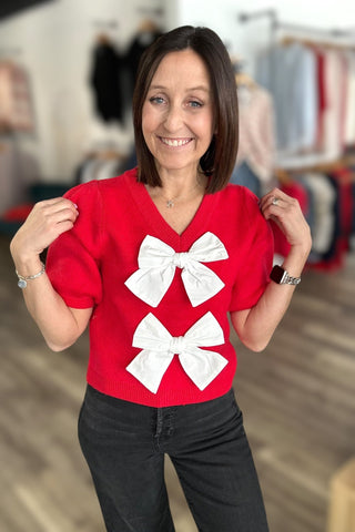 Riley Puff Sleeve Bow Sweater - The Funky Zebras Clear Lake