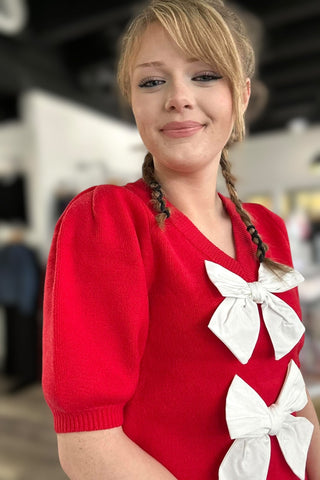 Riley Puff Sleeve Bow Sweater - The Funky Zebras Clear Lake