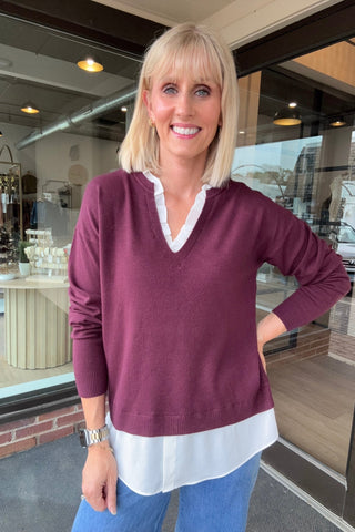 Rya Burgundy V-Neck Woven Knit Top - Just Dani Boutique + Color Studio