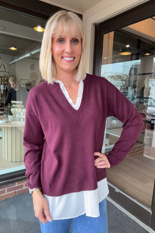 Rya Burgundy V-Neck Woven Knit Top - Just Dani Boutique + Color Studio