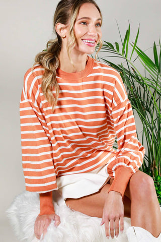 Sabrina Striped Long Balloon Sleeve Knitted Sweater Top - Just Dani Boutique + Color Studio
